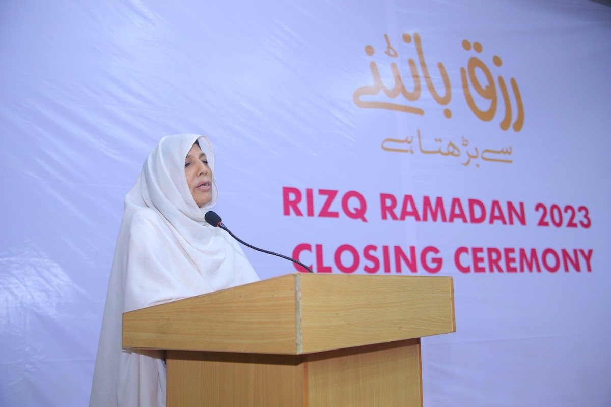 Rukh Foundation's founder speaking at a community event in Lahore